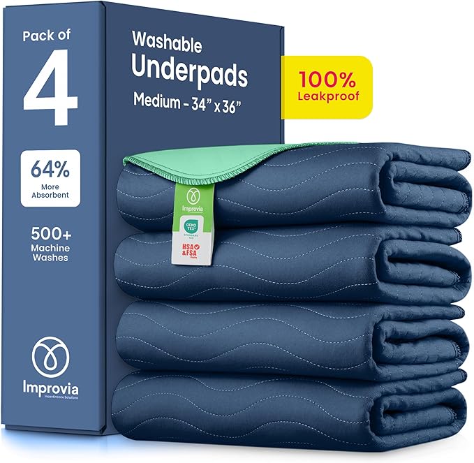 IMPROVIA® Washable Underpads, Heavy Absorbency Reusable Incontinence Pads for Kids, Adults, Elderly, and Pets, Waterproof Protection Floor - Navy & Green, 34"x36" (Pack of 4)
