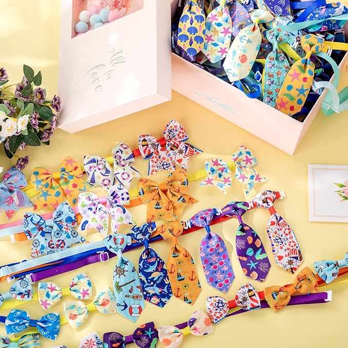 Reginary 100 Pieces Dog Bow Tie Collar Set Include 40 Dog Neckties, and 30 Puppy Bowties, 30 Collar Flowers, Adjustable Pet Ties Grooming for Small Medium Cats Pets Supply(Ocean)