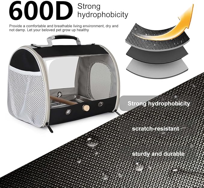 Bird Carrier, Portable Small Bird Cockatiel Conure Parrot Parakeet Carrier with Standing Perch and Stainless Steel Tray, Side Access Window Collapsible (Black, Cylinder Design - Clear)