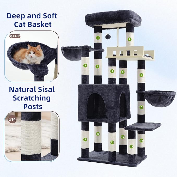 Cat Tree for Indoor Cats Large Adult, Heavy Duty Cat Tree for Large Cats 20 lbs+, Cat Condo with Big Wooden Perch, Cat Tower with 14 Scratching Posts, Hammock, Smoky Gray GCT023G