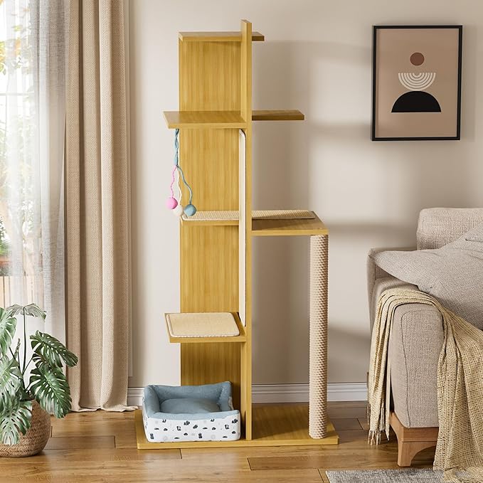 PAKASEPT 65.5" Tall Cat Tree, Multi-Level Modern Cat Tower with Sisal Scratching Posts, Cat Bed, Cat Balls, Freestanding Wooden Cat Activity Center, Cat Tree Tower for Indoor Small Large Cats