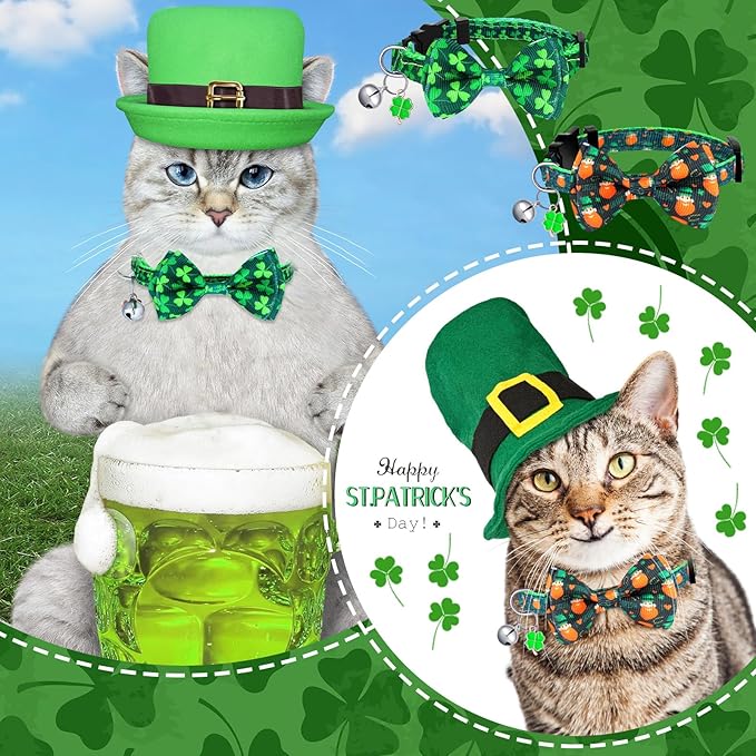 Kacctyen 18 Pcs St. Patrick's Day Cat Collars Bulk Holiday Cat Collars with Bow Tie 4th of July Patriotic Decoration Kitty Breakaway Adjustable Pet Kitten Bowtie Decor(Small)