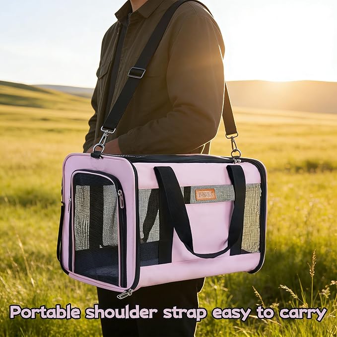 YUNIQUE Soft-Sided Cat & Dog Carrier for Pets Up to 15 Lbs, Airline Approved Collapsible Travel Puppy Carrier with Lightweight Fabric Design (Pink)
