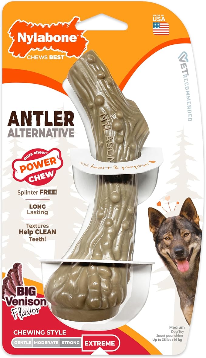 Nylabone Power Chew Antler Alternative Nylon Chew Toy for Dogs, Dog Toys for Aggressive Chewers, Venison Flavor, Medium/Wolf (1 Count)