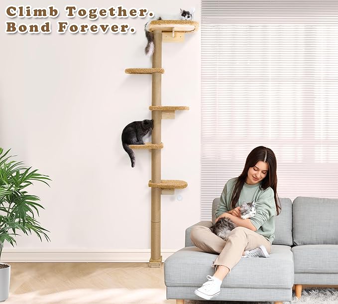 5-Tier Tall Cat Tree for Kittens, Floor to Ceiling Wall Mounted Cat Wall Shelves with Brown Plush Pads, Adjustable Wild Simulation Cat Tower for Climbing, Scratching & Lookout