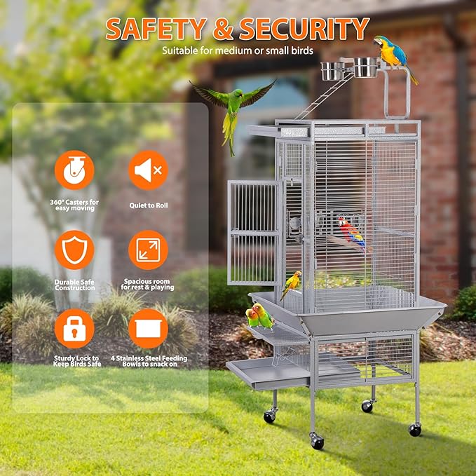 SUPER DEAL PRO 61-inch 2in1 Large Bird Cage with Rolling Stand Playtop Parrot Chinchilla Finch Cage Macaw Conure Cockatiel Cockatoo Pet House Wrought Iron Birdcage, White