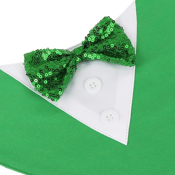 ADOGGYGO St.Patrick's Day Dog Tuxedo Bandana, Green Pet Tux Collar with Bowtie Adjustable St Patricks Costume for X-Small Dogs Pets (XS)