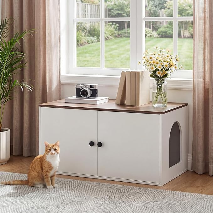 HOOBRO Cat Litter Box Enclosure, Hidden Litter Box Furniture with Side Entry, Litter Box Cabinet, Indoor Cat House, End Side Table, 31.5" L x 17.7" W x 16.3H, for Bathroom, White and Walnut WH40MW01