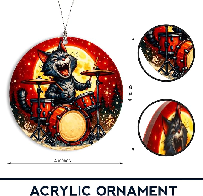 Cat Ornaments for Christmas Tree, Christmas Ornaments 2025, Funny Cat Ornament Playing Drums, Music Lover Gift for Women and Cats Lovers, Unique Funny Christmas Ornaments for Adults Decor