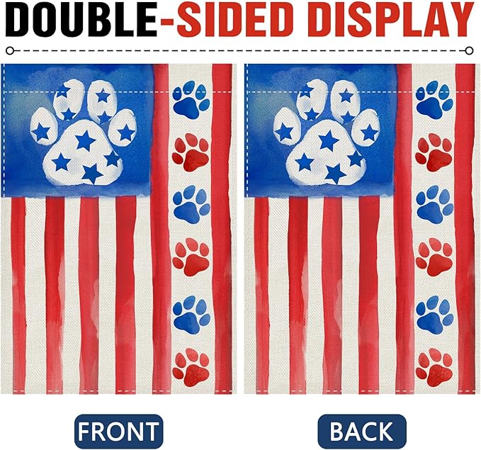 Dyrenson 4th of July Dog Cat Paw Prints 28 x 40 House Flag Double Sided, Patriotic America Watercolor Garden Yard Decoration Pet Lover Gift, American USA Burlap Outdoor Decor Decorative Large Flag
