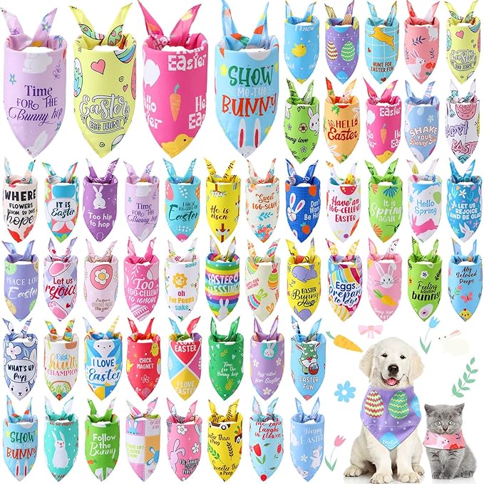 Chunful 50 Pcs Easter Dog Bandanas Bulk with Sayings Holiday Dog Bandanas Triangle Scarf Puppy Bibs Rabbit Costume Adjustable Cat Outfit Washable Bids Kerchief for Small Medium Large Pet