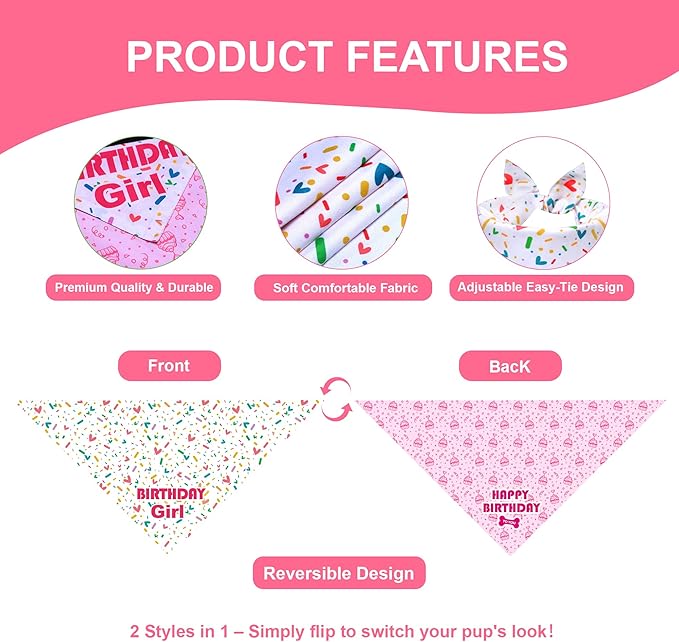 Dog Birthday Bandana Girl for Small Dogs, Reversible 2 Patterns in 1, White & Pink Confetti Scarf, Puppy Party Outfit Gift (9-14" Neck)