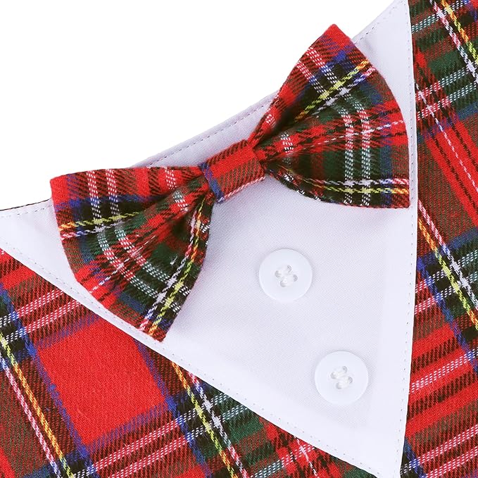 ADOGGYGO Christmas Dog Tuxedo Bandana, Red Plaid Pet Chritstmas Collar with Bowtie, Adjustable Christmas Costume for X-Small Dogs Pets (XS)
