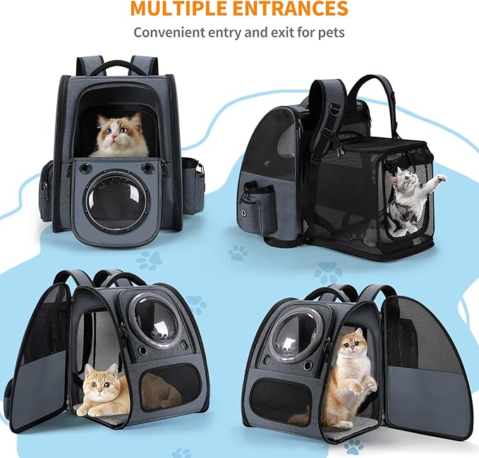 Bubble Cat Backpack Carrier, Expandable Cat Carrier Backpack,Breathable Pet Backpack for Medium Cat,Kitten and Small Puppy, Large Space,Portable Bags Foldable Dog Backpack for Traveling,Hiking(Grey)