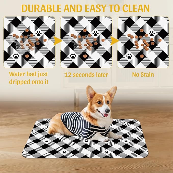 Cat Checked Plaid Dog Cat Food Mat, Absorbent Feeding Mat with Fast-Dry Surface, Rubber Backing for Messy Drinkers – 12x20 Inch
