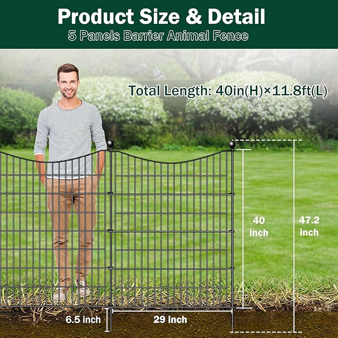 5 Panels No Dig Dog Fence Outdoor for Yard, 40 in(H) X 12 ft(L) Decorative Tall Garden Fence Animal Barrier, Rustproof Metal Wire Garden Edging and Borders, Temporary Fencing Stakes
