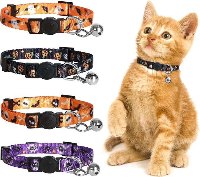 azuza 4 Pack Halloween Kitten Collars Breakaway with Bells, Adjustable Cat Collars with Safety Buckle,Adjustable from 6"-8", Skull and Crossbones,Ghosts, Spider and Pumpkin Prints