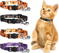azuza 4 Pack Halloween Kitten Collars Breakaway with Bells, Adjustable Cat Collars with Safety Buckle,Adjustable from 6"-8", Skull and Crossbones,Ghosts, Spider and Pumpkin Prints