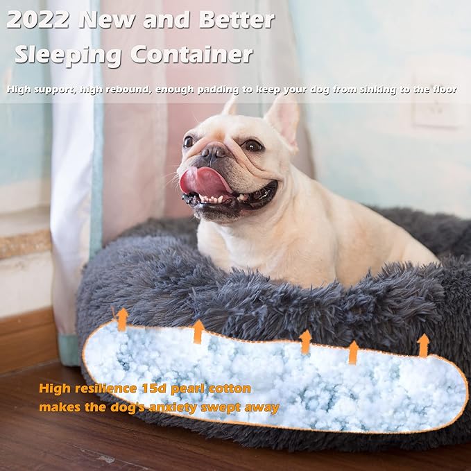 Calming Donut Dogs Beds for Small Dogs Washable,23inch Plush Round Pet Bed for Cozy Sleep,Fluffy Faux Fur Large Cat Bed,Fits up to 25 lbs Pets,Dark Grey