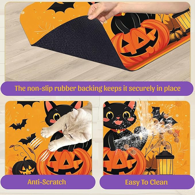 Halloween Cat Pet Feeding Mat, Absorbent Dog Bowl Pad, Quick Dry with Anti-Skid Bottom, Indoor Pet Accessories – 12x20 Inch