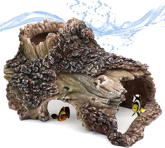 Tree Trunk Cave Aquarium Decoration Reptile Cave Climb Hideout Hideaway, Betta Log Resin Wood House Fish Tank Decorations for Betta Fish, Shrimp, Lizards, Leopard Gecko