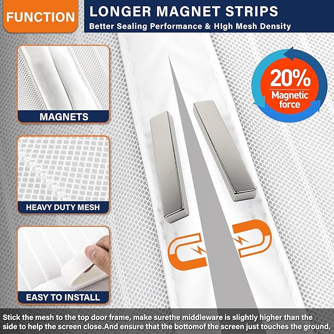 Magnetic Screen Door, Heavy Duty Door Screen Magnetic Closure Keep Bugs Out,Pet & Kid Friendly，Hands Free Door Screen Fit Door Size 32 x 80 Inches White