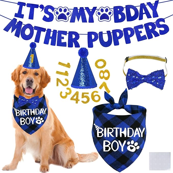 STMK Dog Birthday Decorations, Multi Sizes Dog Birthday Hat Bandana Bow Tie Numbers It’s My Bday Mother Puppers Banner for Large Extra Large Dogs Pets (X-Large, Blue)