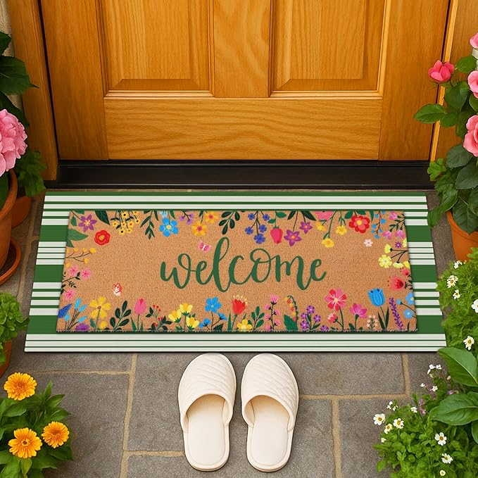 Tinideya 2 Pcs Door Mat Welcome Non Slip Coir Mats Floor Layering Doormats Seasonal for Front Porch Entryway Decor(16.14 x 47.24 Inches,Spring Flowers,Green Brown)