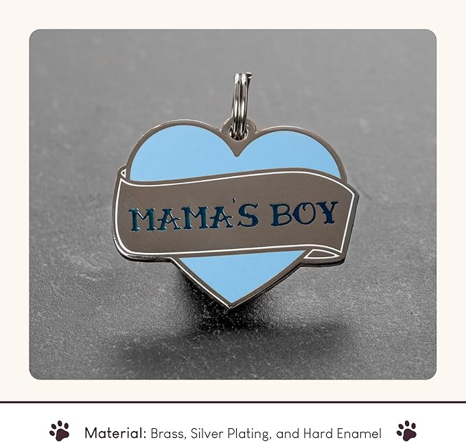 Two Tails Pet Company Personalized 'Mama's Boy' Pet ID Tag - Custom Engraved Dog Tags for Pets - Durable Brass, Silver Plating, Free Engraving for Dog's Name, Perfect for Dog Collars & Leashes