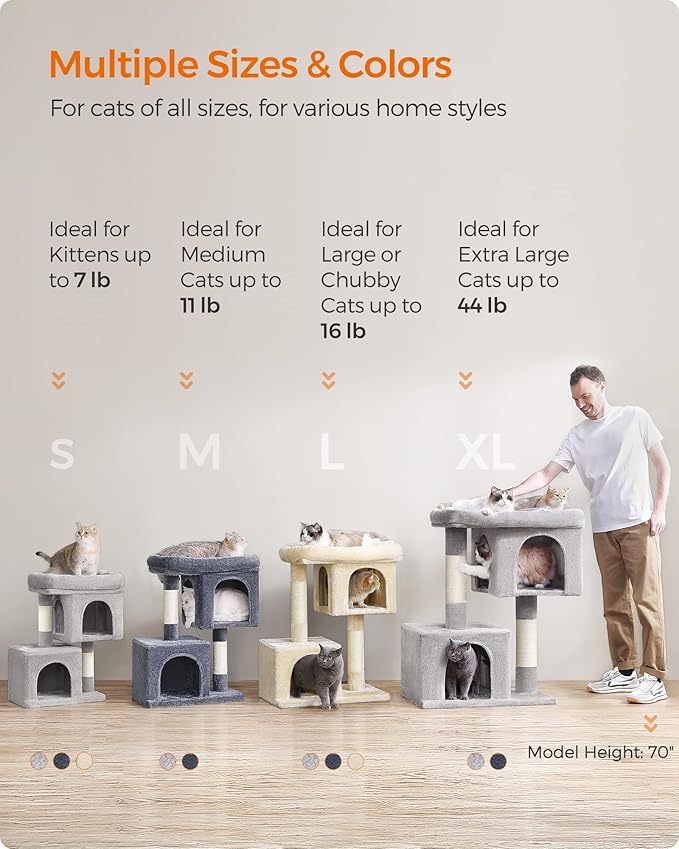 Feandrea Cat Tree, 26.4-Inch Cat Tower, Plush Condo for Kittens up to 7 lb, Large Perch, 2 Caves, Scratching Post, Light Gray UPCT611W01