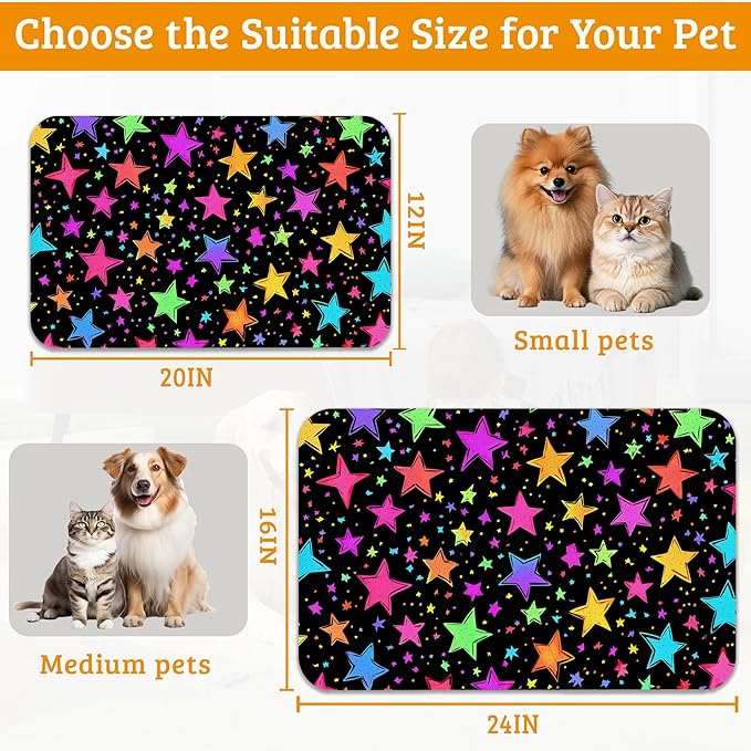 Neon Stars Dog Food Mat,Bright Colorful Absorbent Pet Feeding Mat for Food and Water Bowl,Quick Dry Dog Placemat Non Slip Rubber Backing Waterproof Pet Supplies 16" x 24"