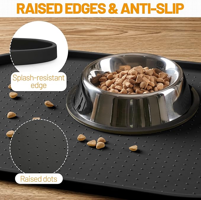 Hubulk 100% Waterproof Silicone Pet Feeding Mat with Raised Edge for Food and Water, Dog Bowl Mats, Cat Bowls Placemat with High Lip Protects Floor for Cats and Dogs (Black, 16" L x 10" W)