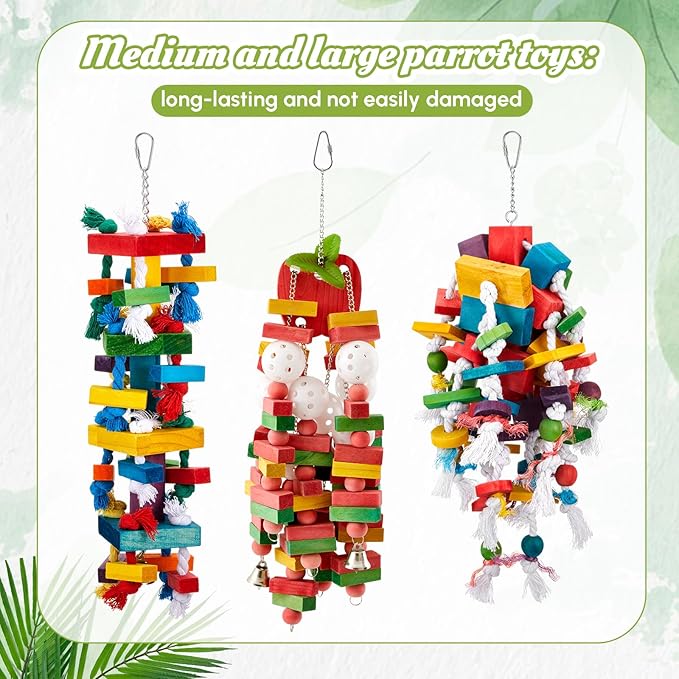3 Pcs Extra Large Bird Parrot Toy Multicolored Natural Wooden Parrot Cage Chewing Toys for Large Medium Macaws Cockatoos African Grey Birds (Block and Rope)