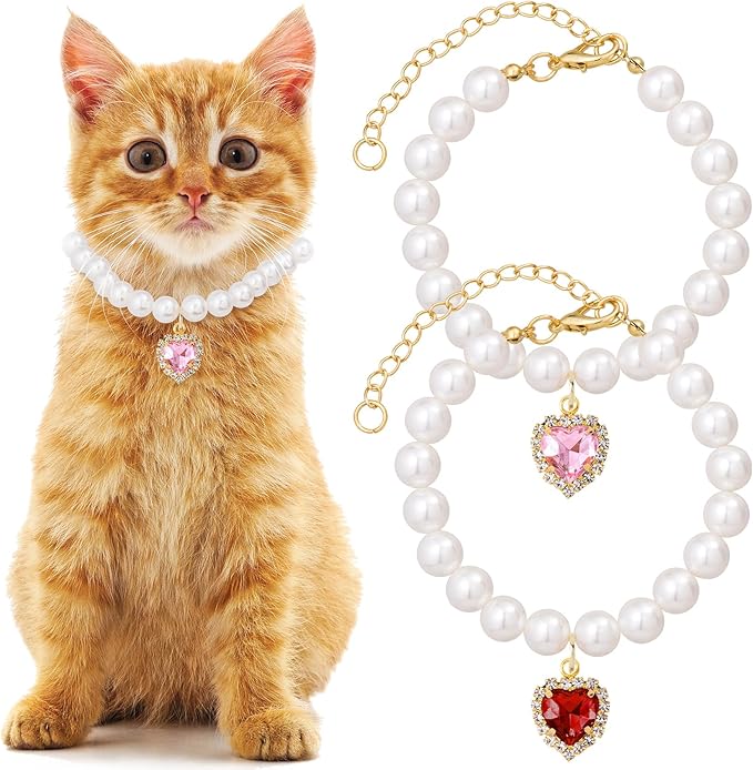 2pcs Cat Pearl Collar with Heart Pendant, Cute Pearl Pet Necklace in Small, Adjustable Wedding Party Small Dog Jewelry Accessories for Puppy Kitten- Pink & Red