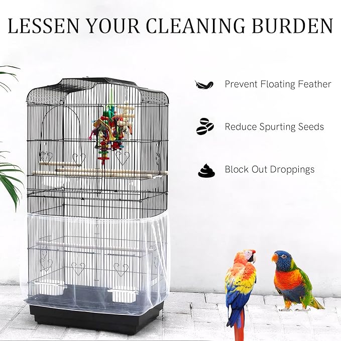 4 PCS Bird Cage Cover, Universal Bird Cage Seed Catcher, Adjustable Elastic Band Stretchy Skirts Mesh Cover, Reusable for Round and Square Cages (M, XL, Black, White)