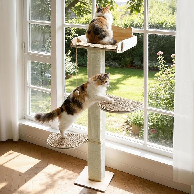 Solid Wood Cat Window Perch with 2 Jumping Platforms, Cat Hammock for Window with Scratching Post, Sisal Tall Cats Scratching Post with Large Perch, Wooden Cats Window Bed with 2 Suction Cups