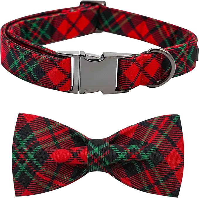 Dog Collar, Christmas Dog Collar Plaid Pet Collar Bow Holiday Bows Girl Boy Puppy Collar Adjustable Pet Collar for X-Large Dogs