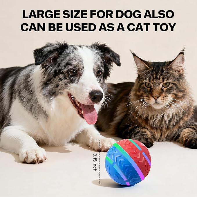 Pet Prime Interactive Dog Ball Toy Automatic Active Rolling Ball for Dogs Motion Activated with LED Light Rechargeable Self Moving Toy for Small Medium Large Dogs to Play Red/Blue