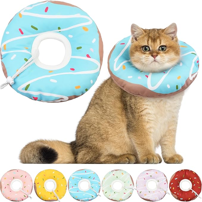 Cat Cone Collar Soft, Waterproof Cat Recovery Collars Spay Cones to Stop Licking Cute Donut E Collar After Surgery Anti-Lick Wound Healing Safety Elizabethan Collar for Kittens (Donut Blue, Medium)