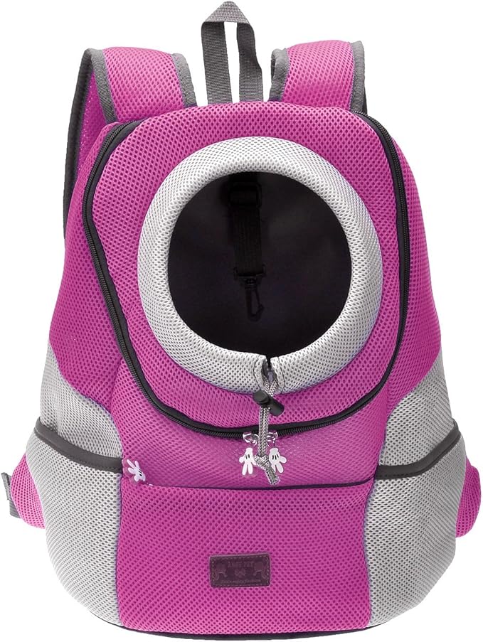 Mogoko Cat Dog Backpack Carrier, Puppy Pet Front Pack with Breathable Head Out Design and Double Mesh Padded Shoulder for Outdoor Travel Hiking (L, Pink)