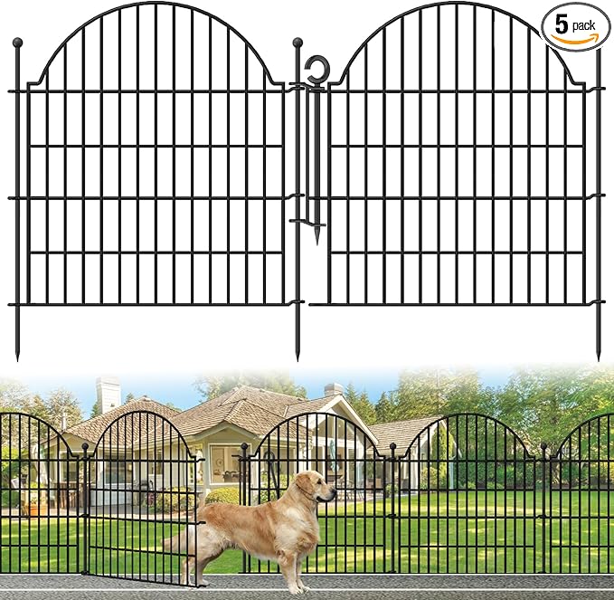 Decorative Metal Garden Fence with Gate Lock 5 Panels, 32in (H) x 11.8ft (L) No Dig Dog Fence Outdoor for Yard, Temporary Rustproof Metal Wire Rabbit Dog Garden Border Fencing for Patio