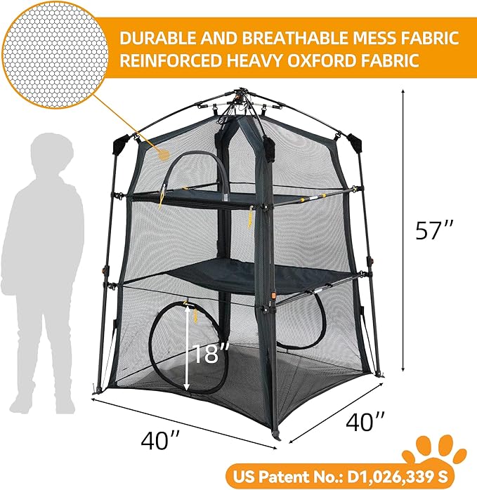 Automatic Pop-Up Cat Enclosure|3-Tier Cat Tent|Cat Cage|Outdoor Catio with Patent,Breathable Portable & Foldable, Stable Structure for Indoor/Outdoor, Free Teaser Wand,Friendly Connectable playpen