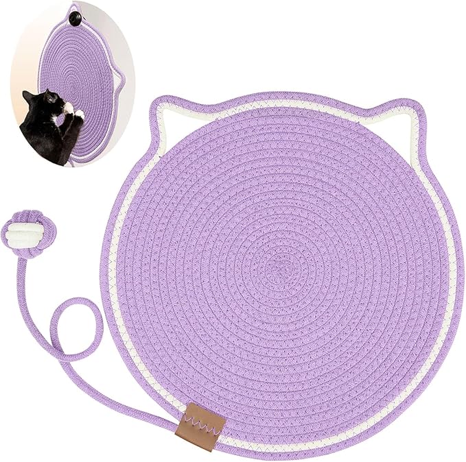 Cat Scratcher Mat, Natural Cotton Rope Cat Scratch Pad, 15.7'' Round Horizontal Floor Cat Scratching Pads for Indoor Cats, Cat Furniture Protector for Wall, Couch, Carpets, Sofas, Purple