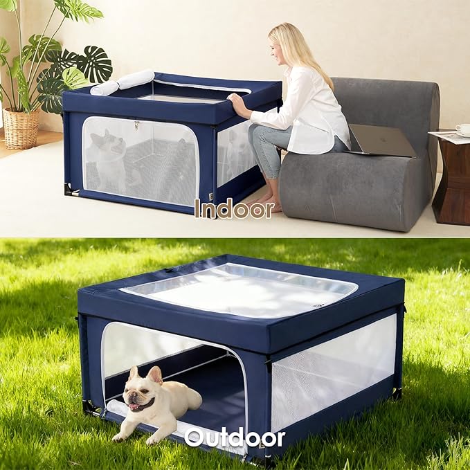 EHEYCIGA 42x42x26 Inches Puppy Playpen with Top Cover for Dogs & Cats Indoor or Outdoor - Dog Playpen with Door, Dog Fence for Small Animal with Heavy-Duty Oxford & Steel Frame, Navy