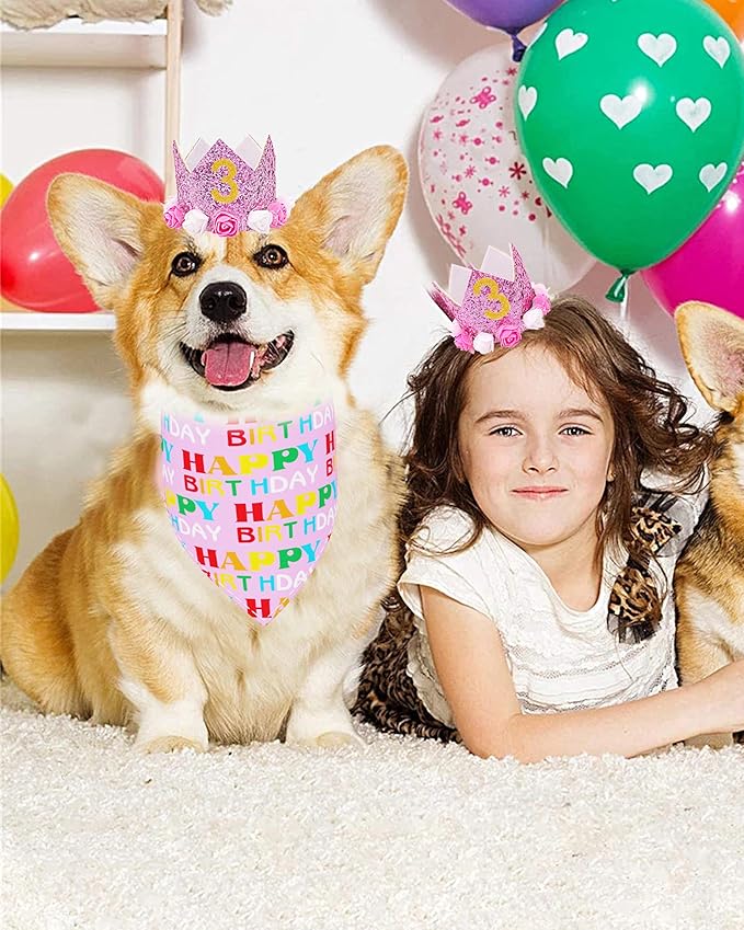PET SHOW Pink Crown Hat Dog Birthday Party Supplies for Girls Female Pets Small Medium Large Dogs Cats Birthday Hat and Plaid Bandana with 0-9 Numbers and Glue