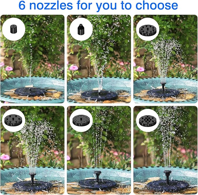AISITIN 2.5W Solar Bird Bath Fountain Pump, Solar Fountain for Bird Bath with 6 Nozzles, 6.7" Solar Powered Water Pump for Garden, Ponds, Pool, Fish Tank, Aquarium and Outdoor