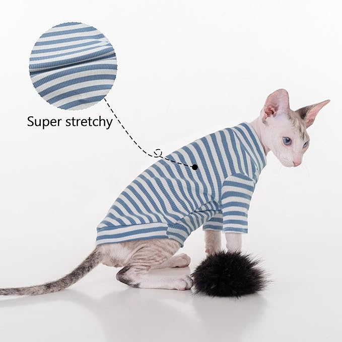 PUMYPOREITY Sphynx Cat Clothes - Soft Hairless Shirt With Sleeves, Stretchy Sweater, Pullover Pajamas Jumpsuit, Turtleneck Outfit for Sphynx Cornish Rex, Devon Rex - Blue, XL