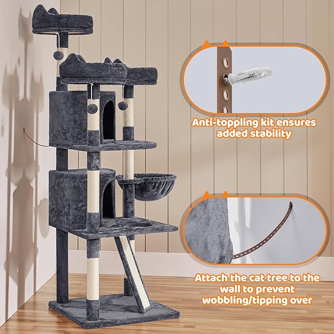 Yaheetech | 68.5in Cat Tree | for Large Cats | Multi-Level Cat Tower with 3 Wide Perches, Large Condo | Stable Pet Play House w/Sisal-Covered Scratching Posts & Board | Dark Gray