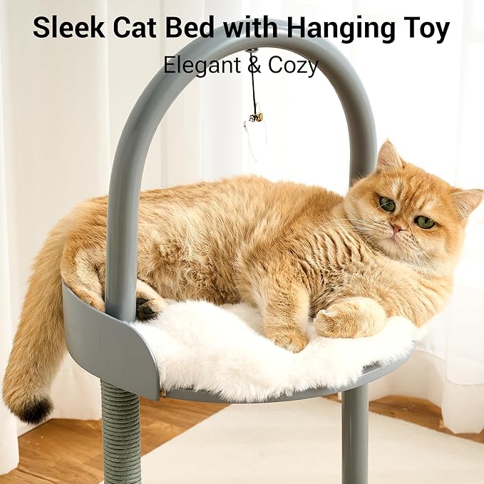 Modern Cat Tree Tower for Indoor Cats up to 12lbs, 34" H Furniture-Style Metal Cat Tower with Scratching Posts, Wood Cat Bed with Soft Plush Cushion Washable, Acrylic Capsule, Dove Gray