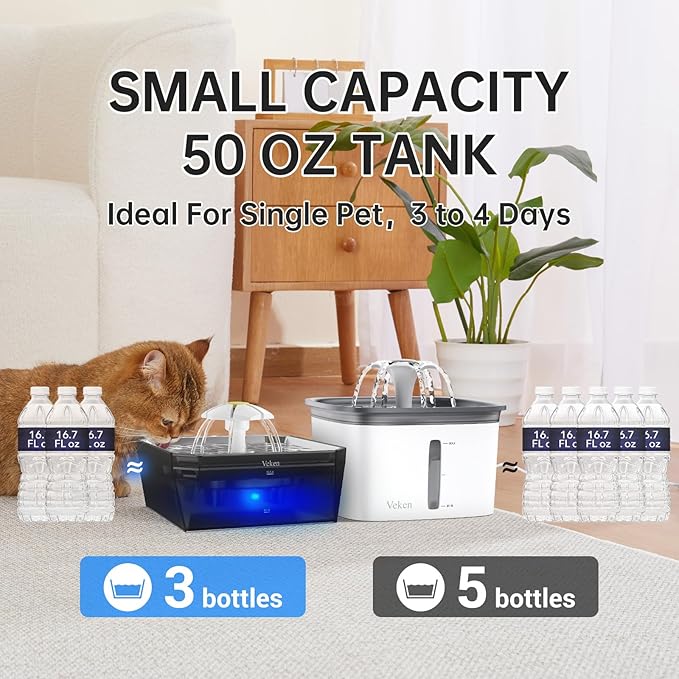 Veken Award-Winning Small Pet-Friendly Cat Water Fountain with Stainless Steel Lid & Quiet Pump, Easy to Clean & Assemble, 50oz Mini Water Dispenser Gifts for Cats and Small Animals, Silver